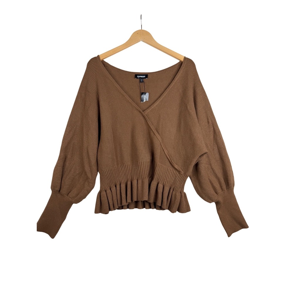 New Express Surplice Wrap Batwing Sleeve‎ Peplum Sweater size XL Brown